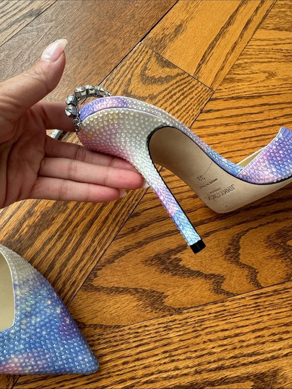 Jimmy Choo Iridescent Crystal-Ankle Pointed-Toe Pumps Purple, pink, white, Blue - Picture 8 of 12